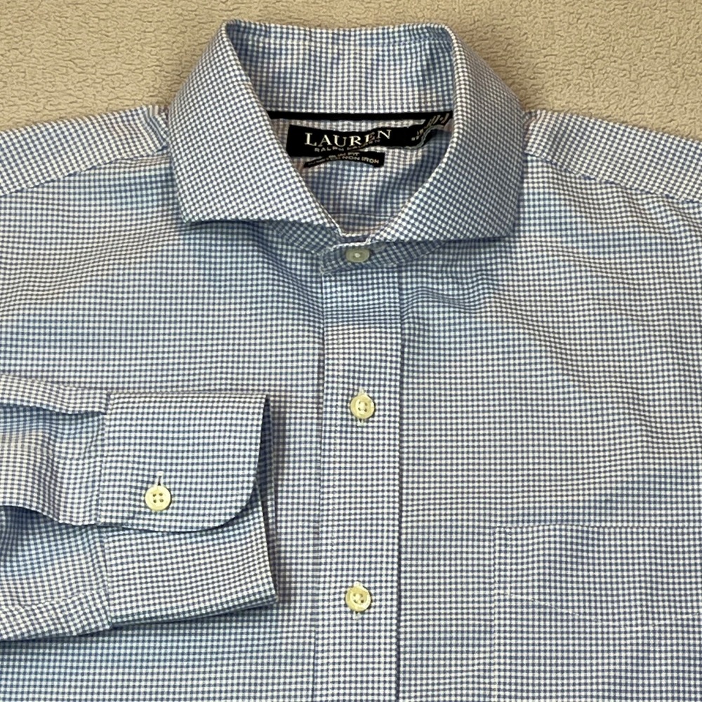 Lauren Ralph Lauren Mens 16 32/33 Slim Fit Blue Gingham Stretch Non Iron Shirt